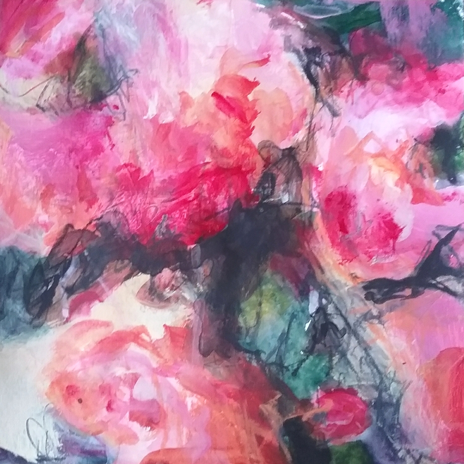 Pink floral abstract painting by Beverley Anderson